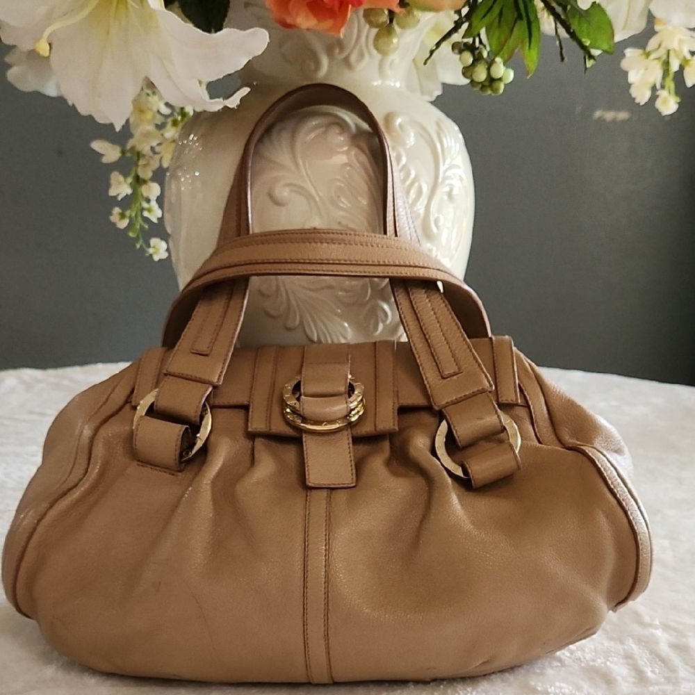 Bulgari Tan Leather Shoulder Bag with Elegant Buckle Accents